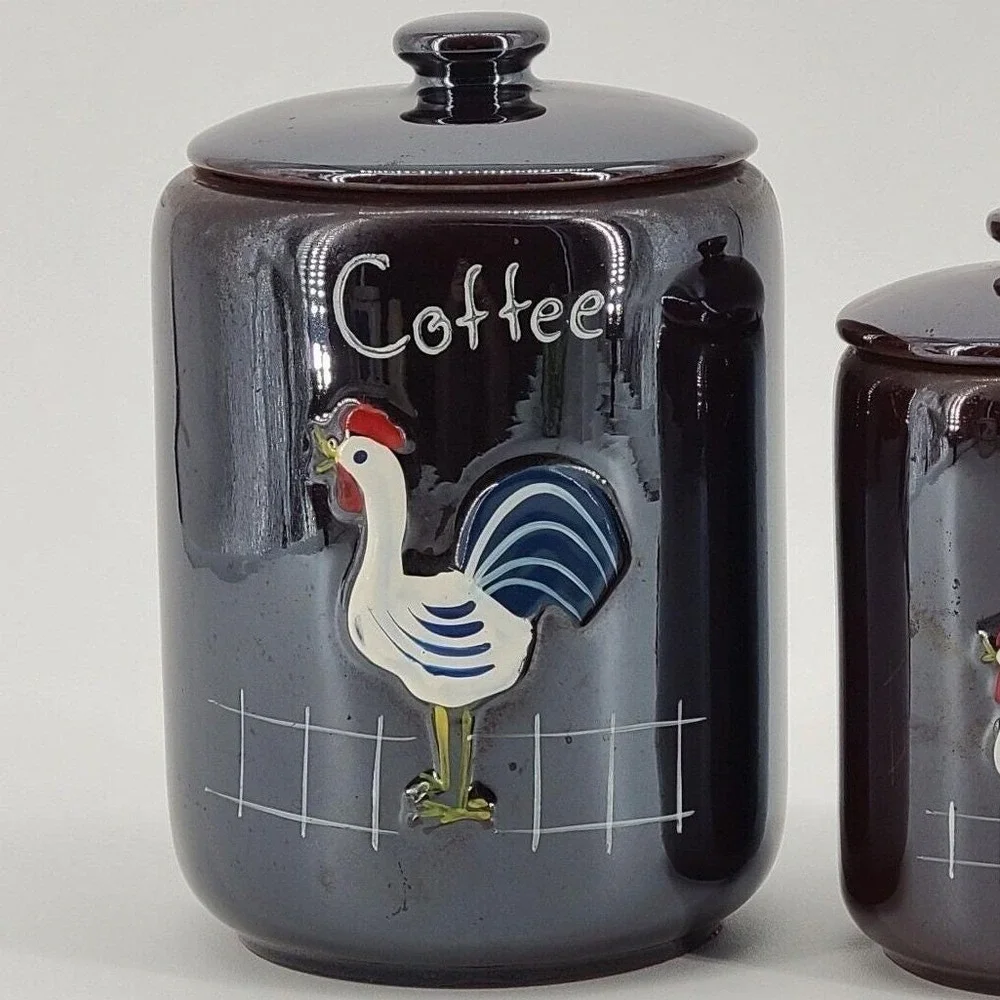 Ceramic Lusterware Hand Painted Rooster Canister Set Coffee Tea